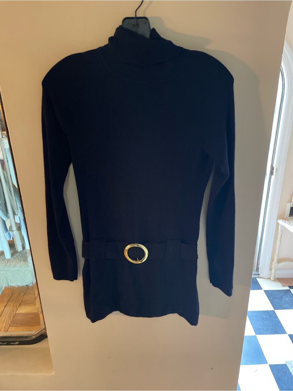 INC International Concepts Black Turtleneck Sweater with Gold Buckle